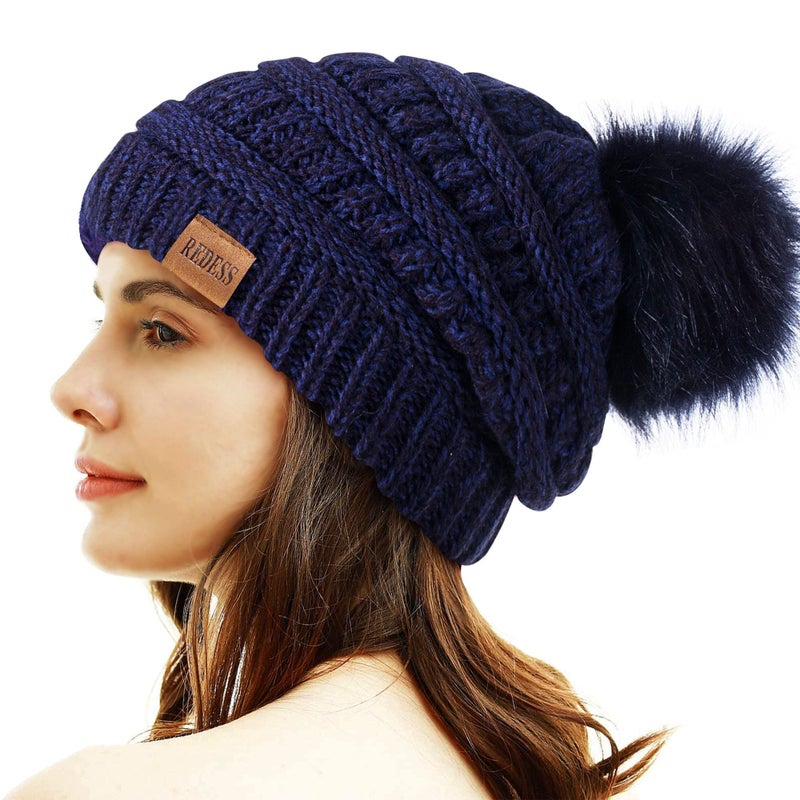 REDESS Women Winter Pom Pom Beanie Hat with Warm Fleece Lined, Navy - Image 1